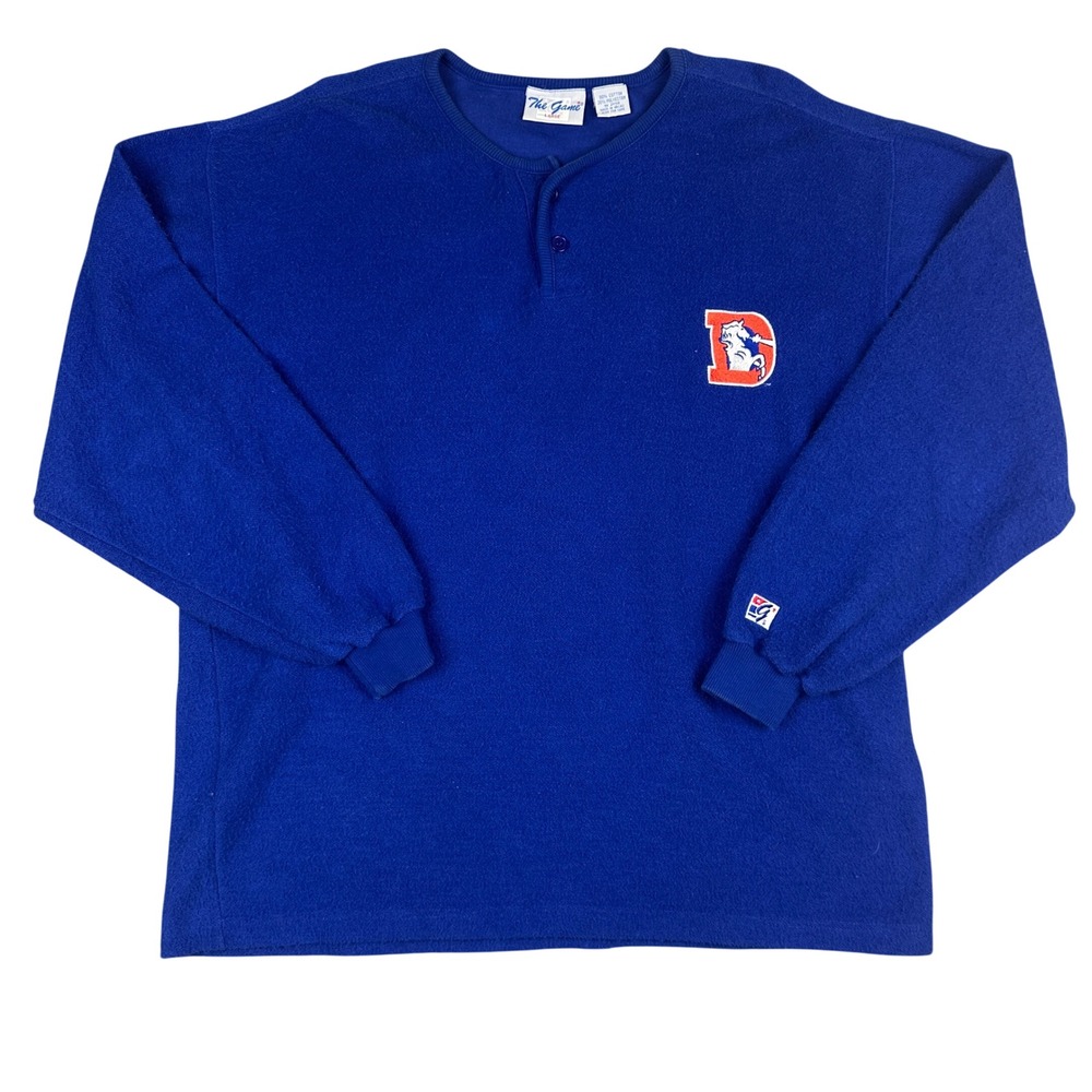 Vintage Denver Broncos The Game Henley Sweatshirt Blue Embroidered Logo Large